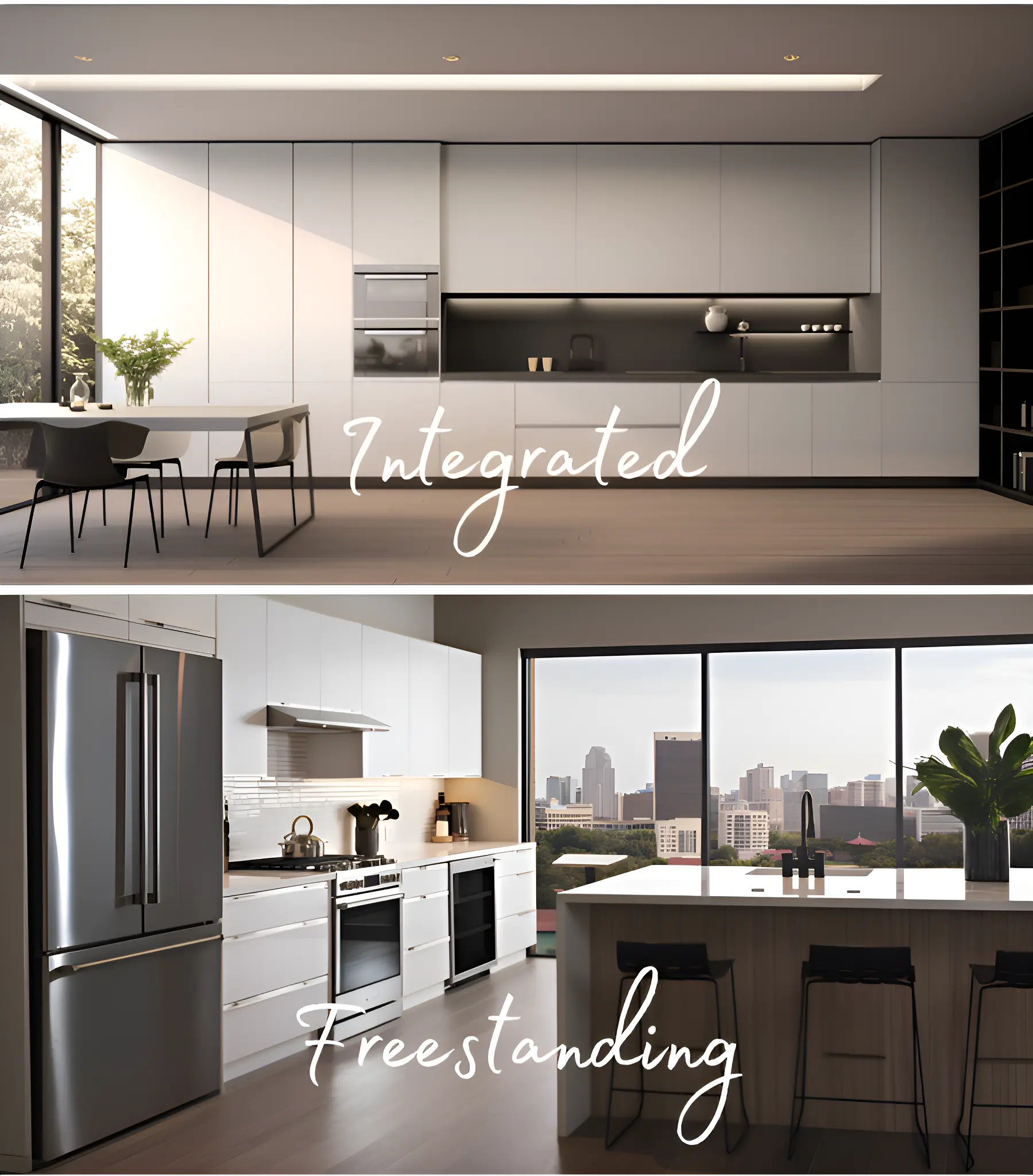 split image showing Integrated vs Freestanding appliances