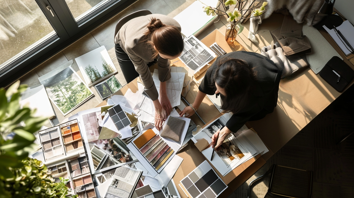 Overhead Shot of Two Sebastopol Interior Designers with Fabric Samples