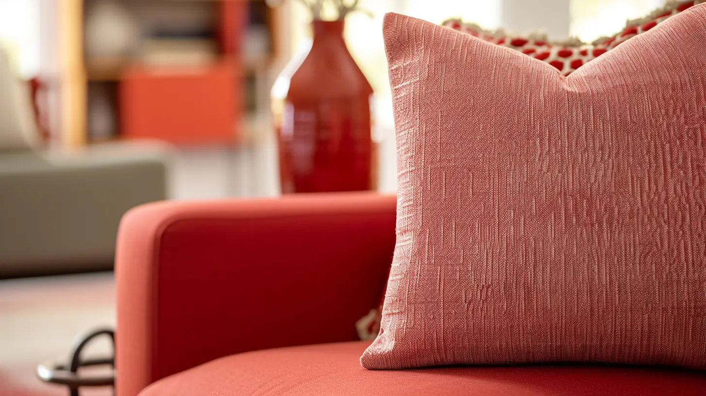 A close-up of a living room setting showing a soft blush cushion on a vibrant terracotta sofa