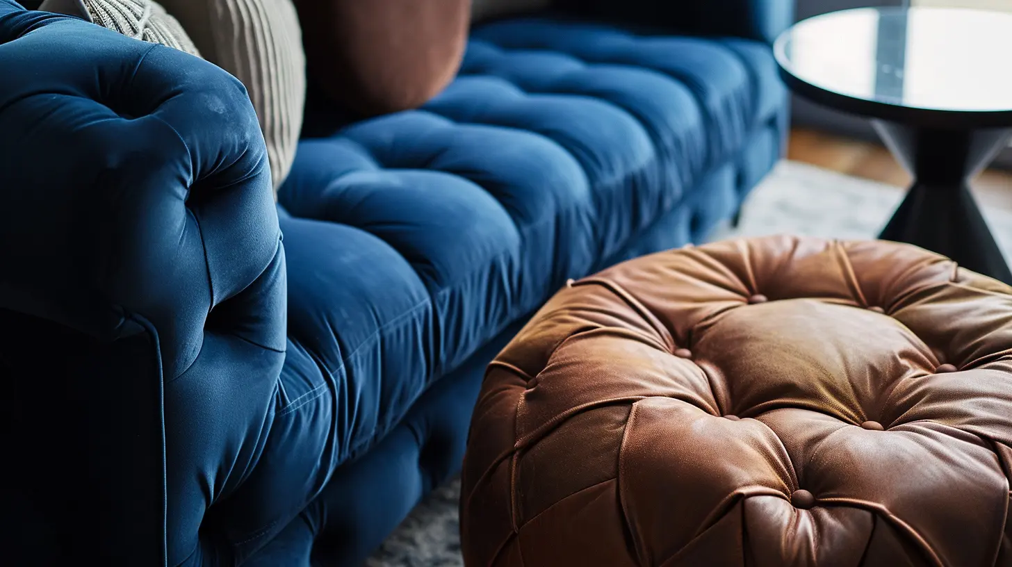 A close-up shot of a living room corner featuring a deep blue velvet sofa, a rich brown leather ottoman, and a moody black side table