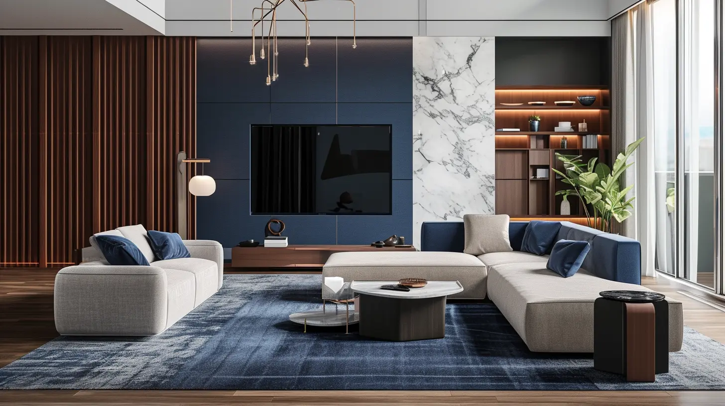 Living Room with Modern Design Aesthetics in Blue and Neutral