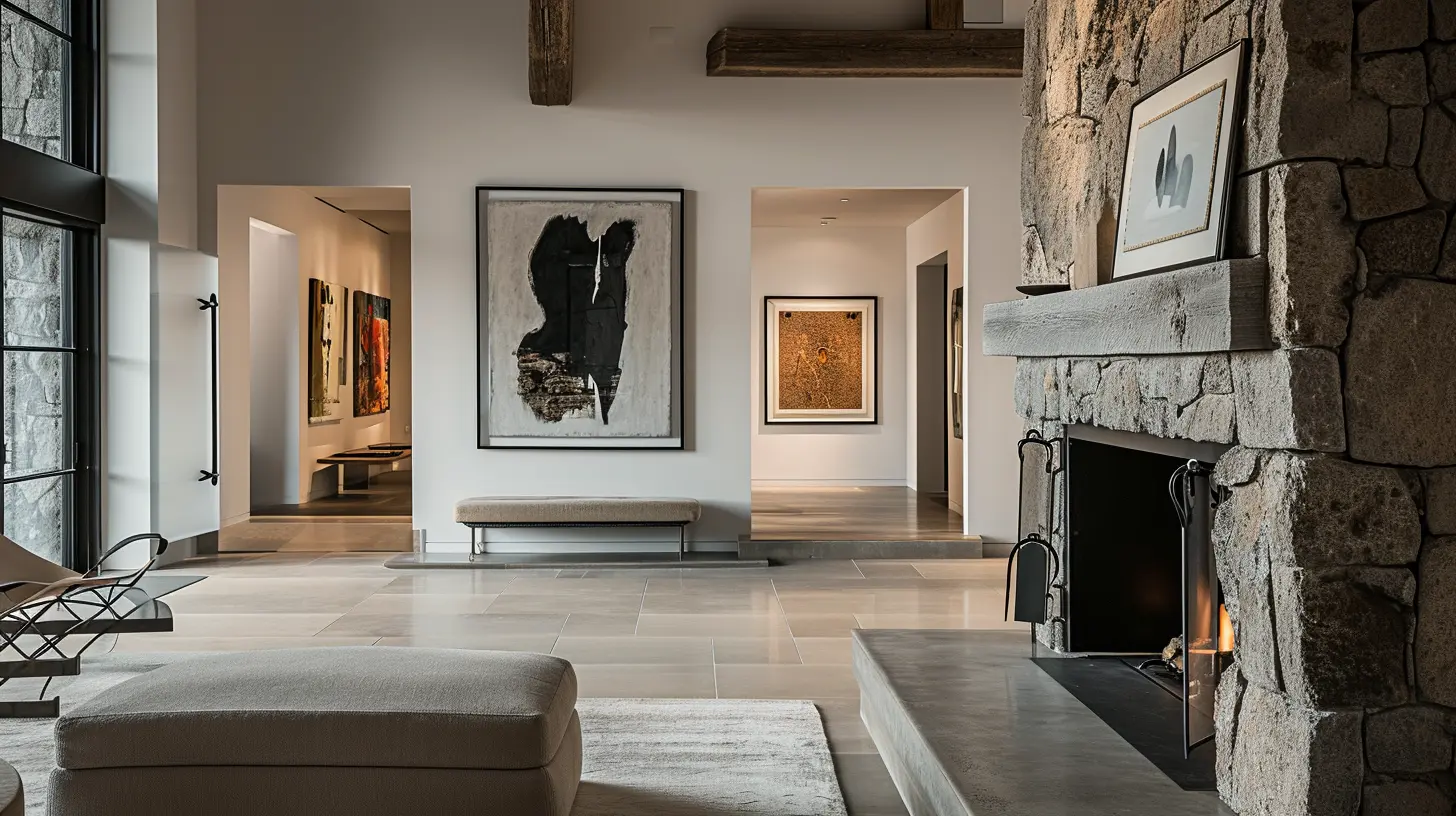 Photo of a Living Room with a Beautiful Stone Fireplace