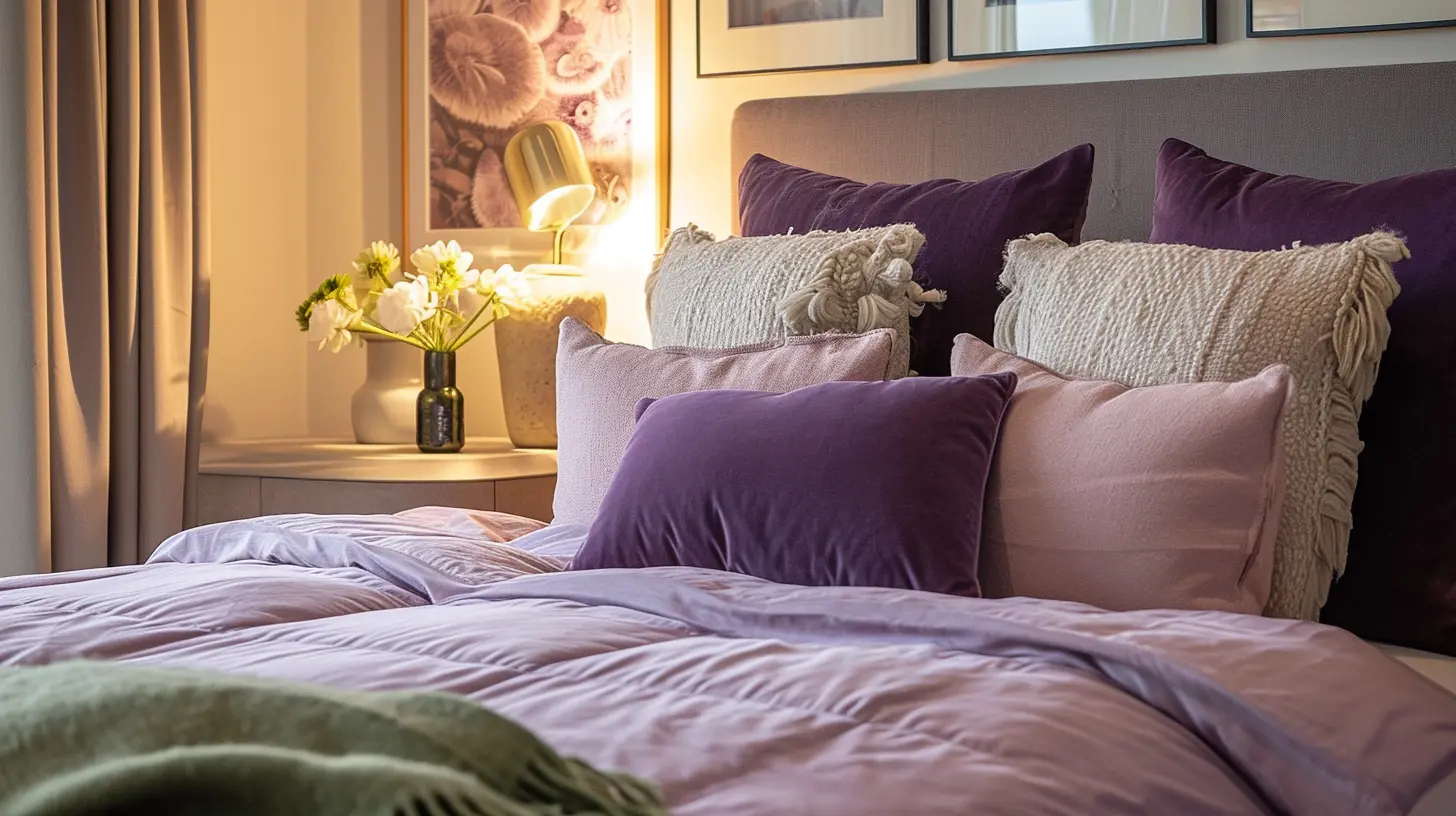 a bedroom corner featuring a muted purple bedspread, complemented by soft pink pillows and a green throw