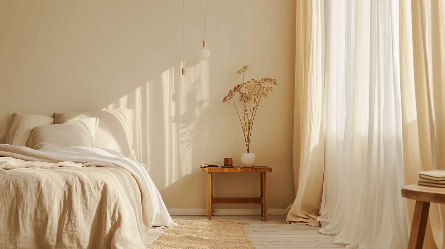 a minimalist bedroom with creamy beige walls, an off-white duvet, and buttery toned curtains