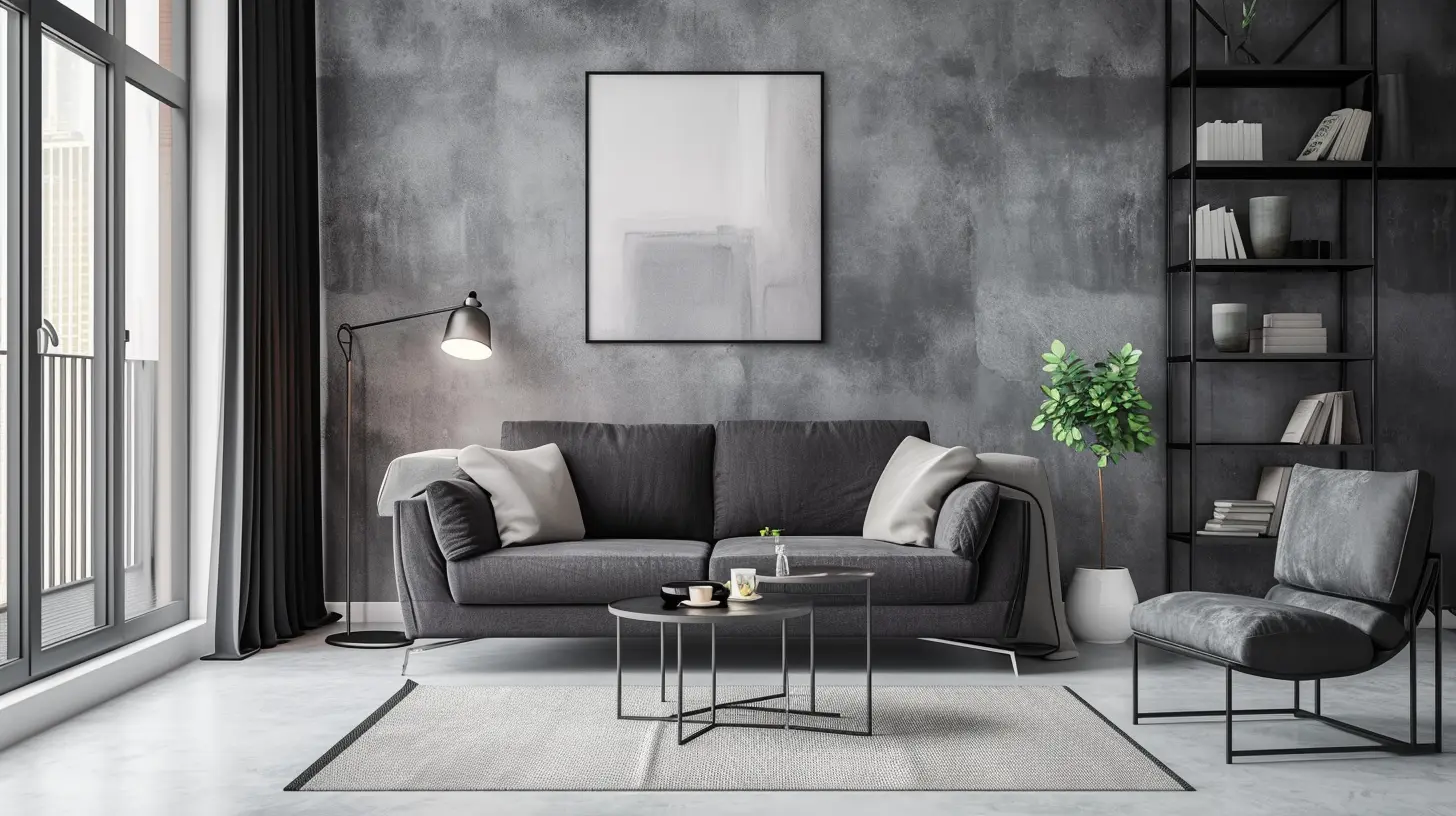 a modern living room with varying shades of gray – a charcoal sofa, a lighter gray rug, and monochromatic gray wall art