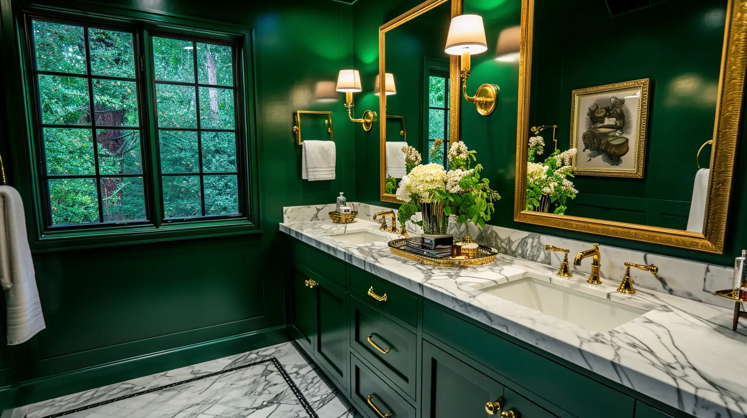 an elegant bathroom featuring forest green walls, complemented by white marble countertops and gold fixtures